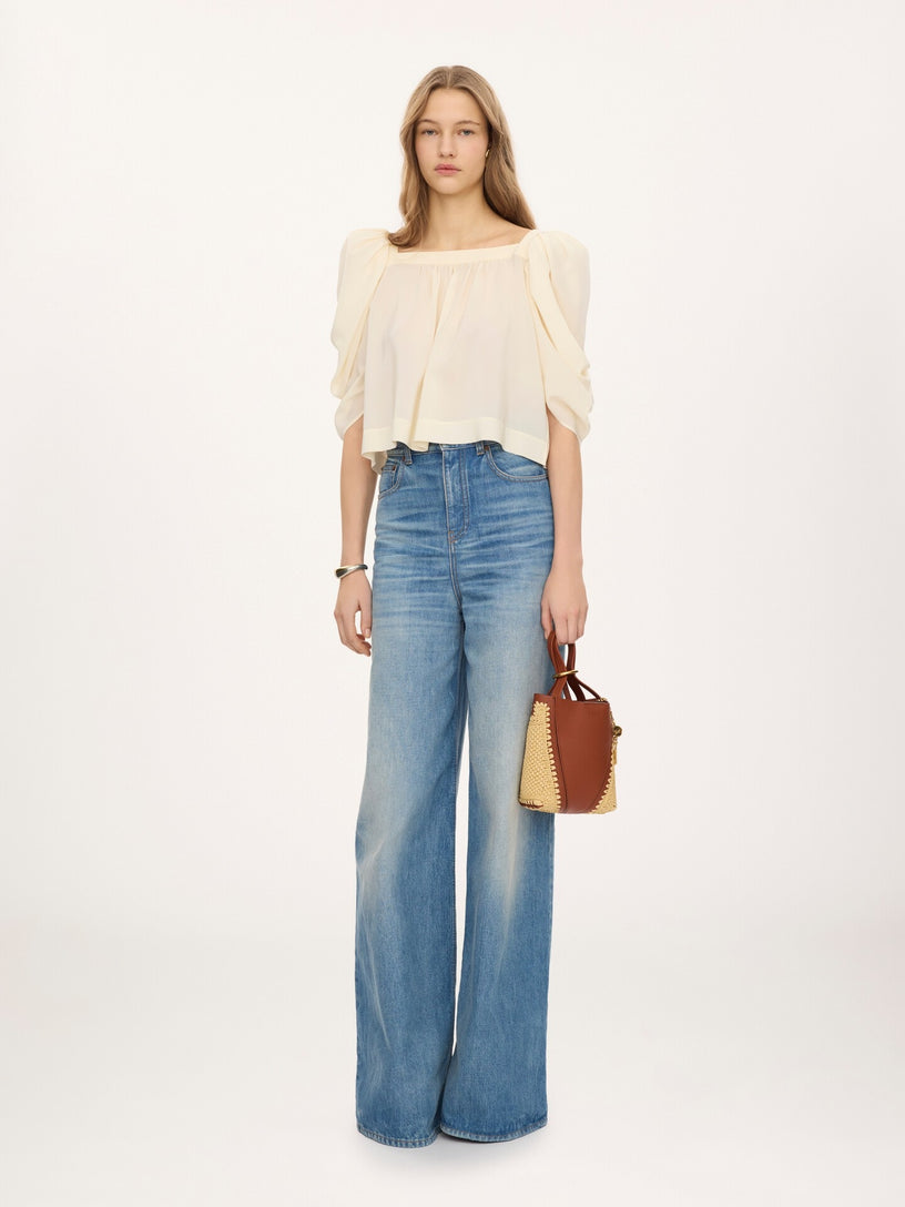 Chloé Spin small tote bag in raffia-effect fibres and leather