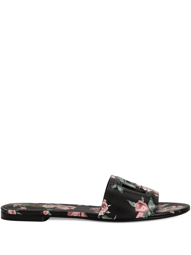 Calfskin flat slippers with rose print
