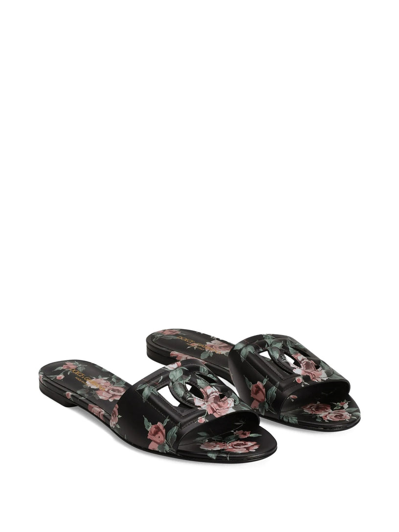 Calfskin flat slippers with rose print