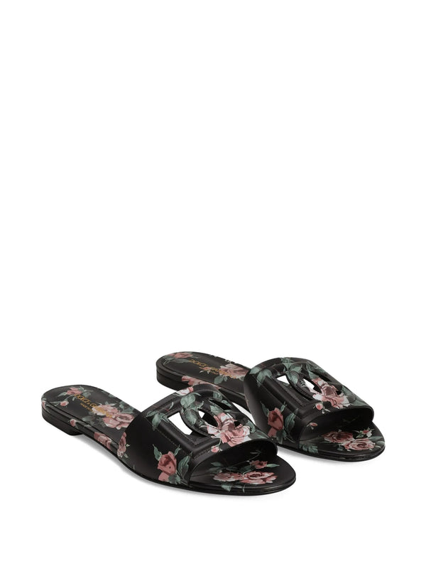 Ciabatta flat in pelle di vitello stampa rose