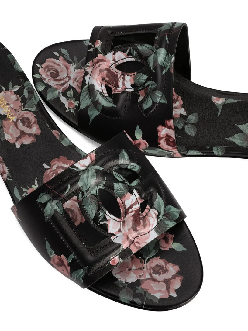 Calfskin flat slippers with rose print