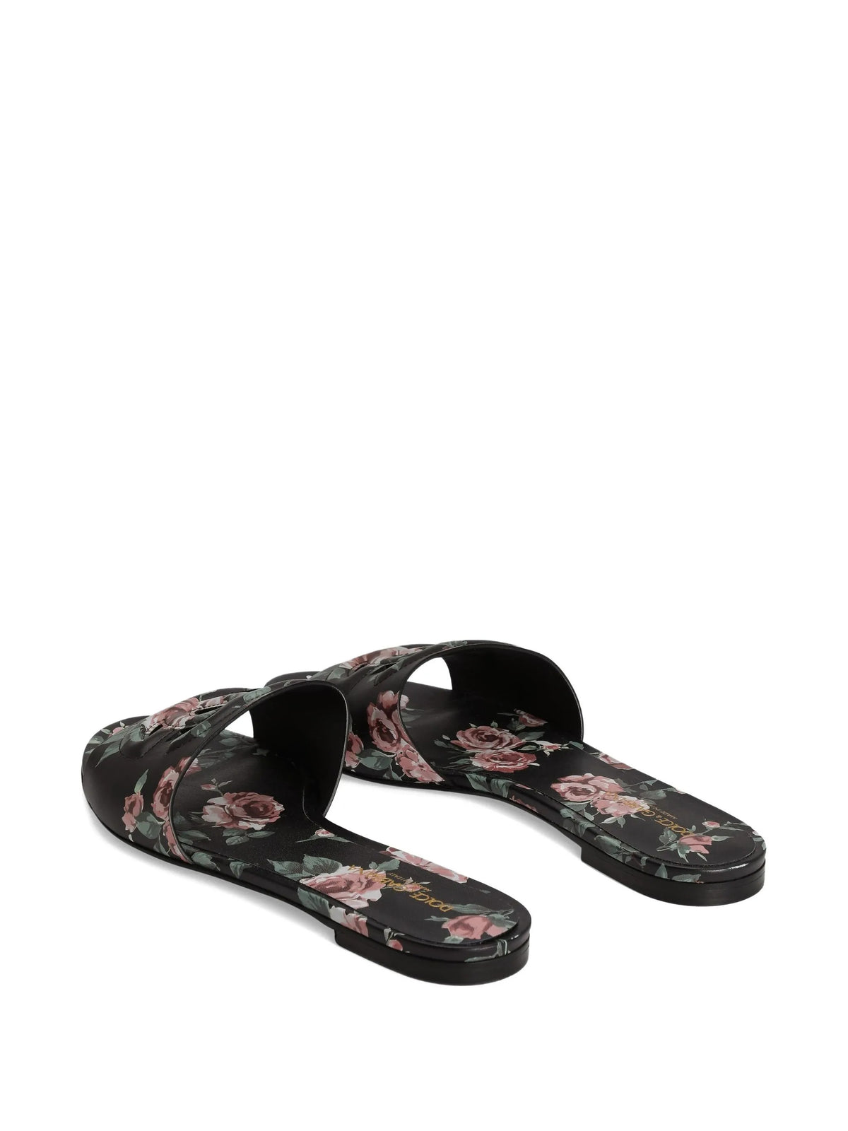 Calfskin flat slippers with rose print