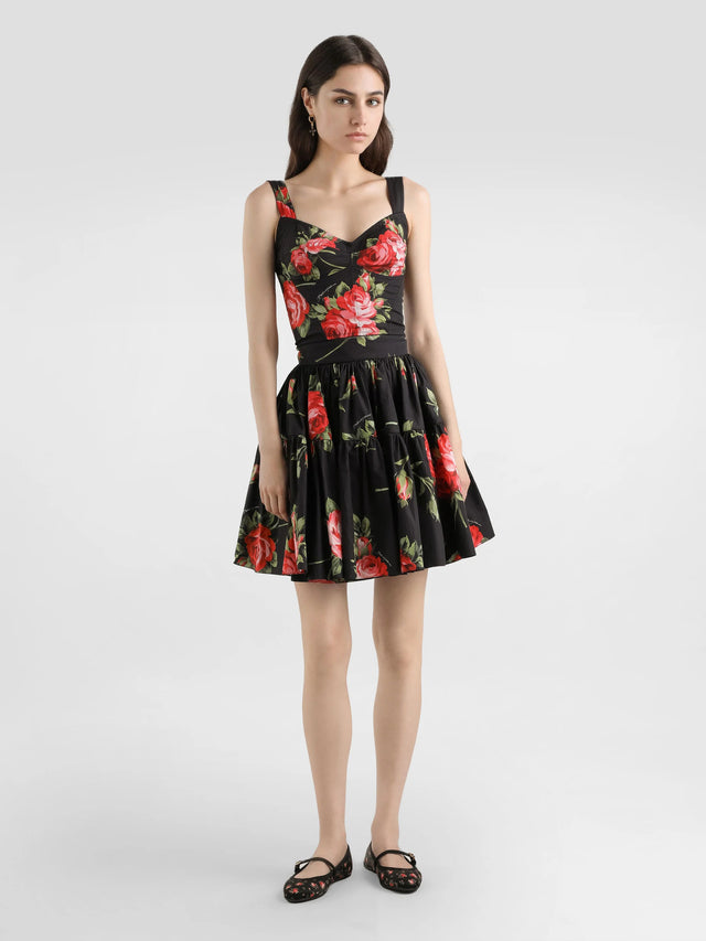 Short skirt with rose bouquet print