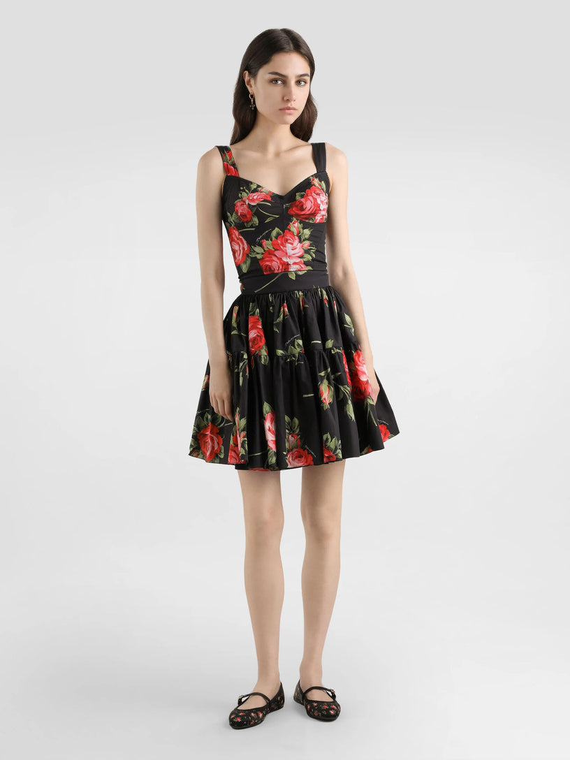 Short skirt with rose bouquet print