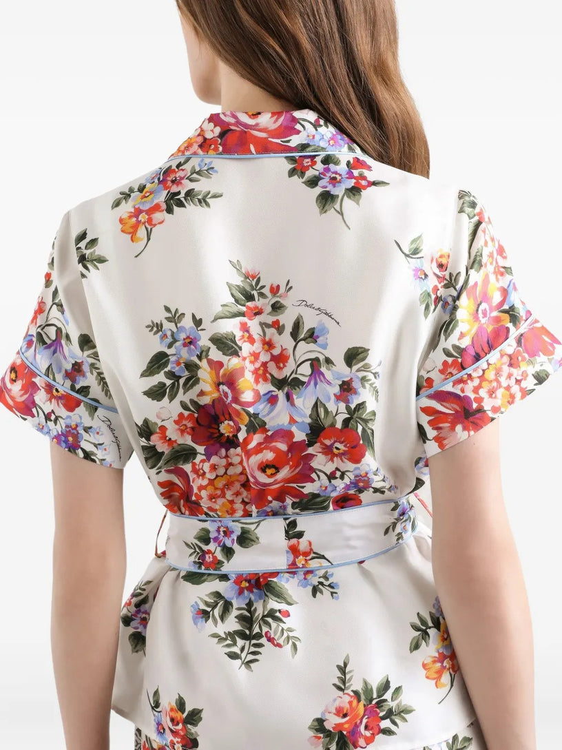 Flower bouquet-print twill vanity shirt