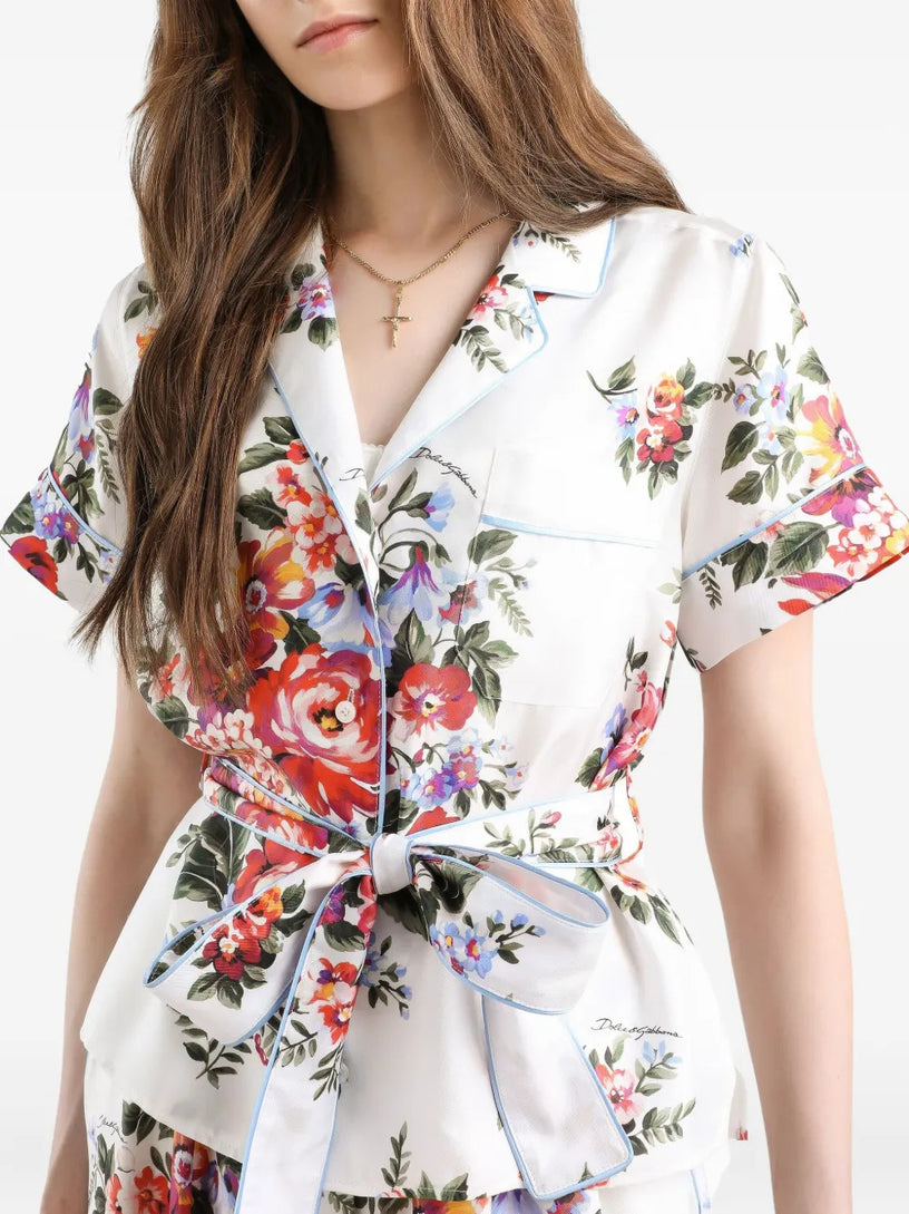 Flower bouquet-print twill vanity shirt