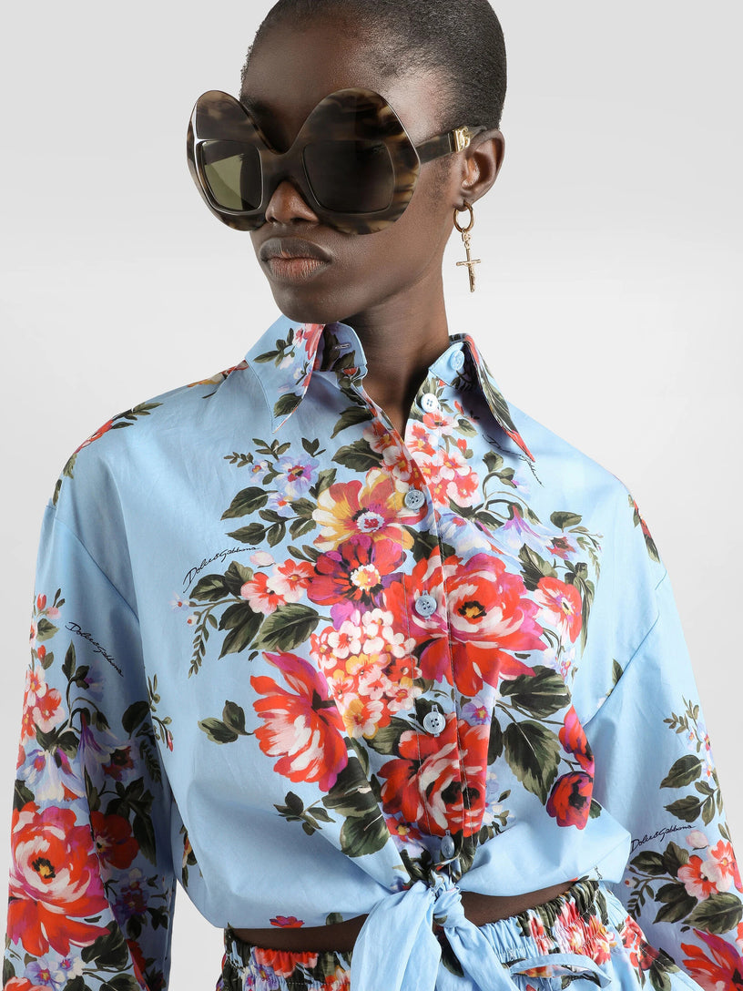 Cotton shirt with a bouquet of flowers print