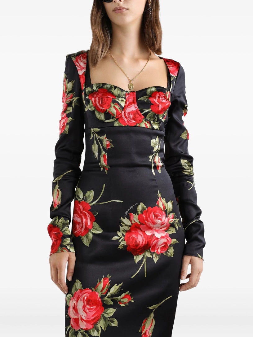 Sheath dress with rose bouquet print