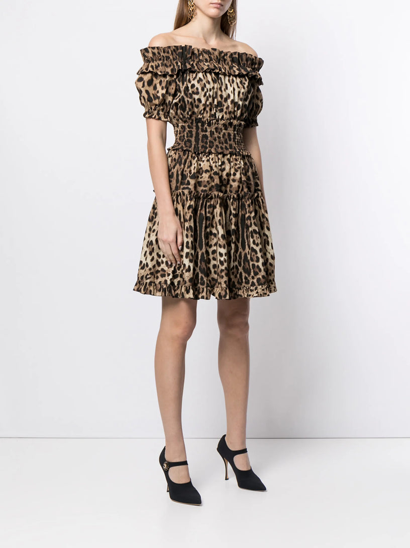 Short leopard-print poplin dress