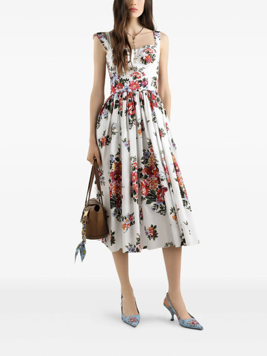 Flower bouquet-print cotton dress