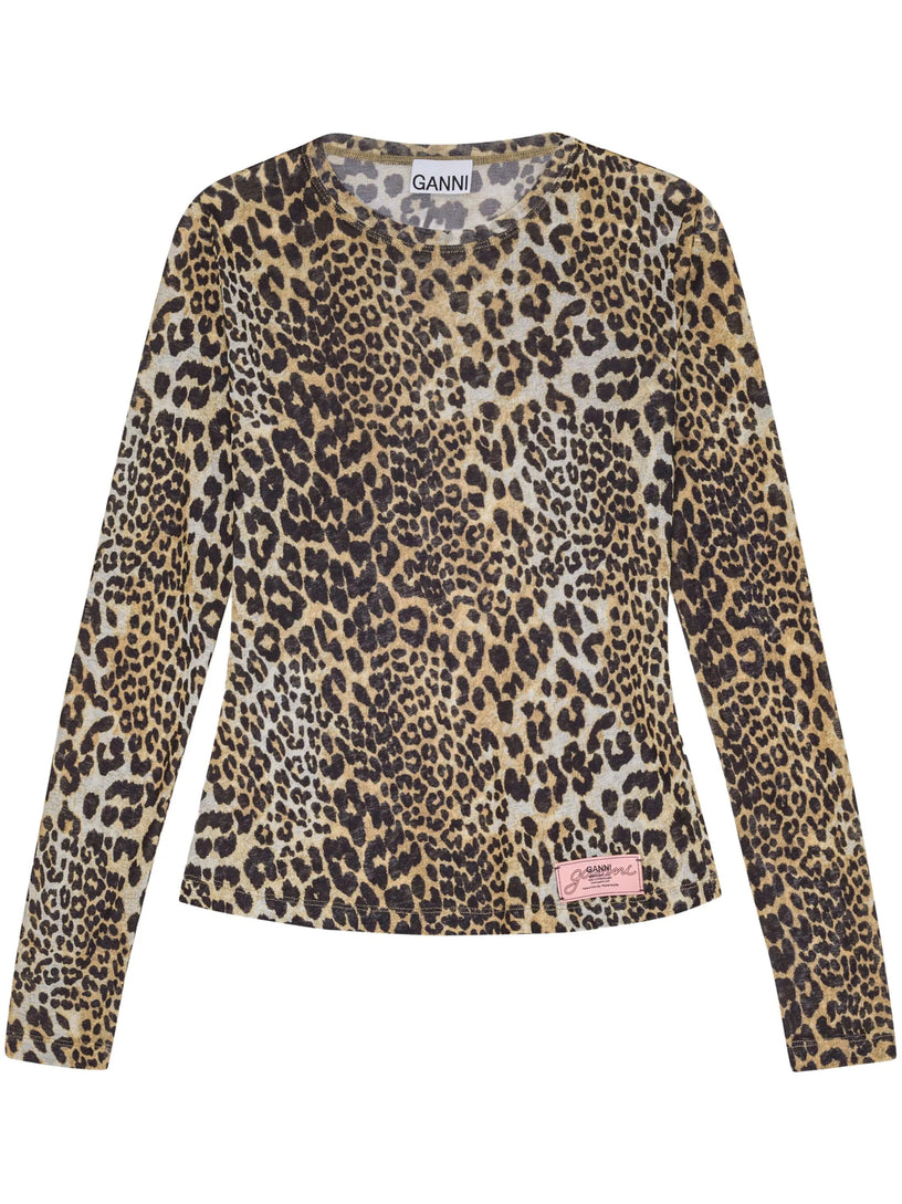 Leopard printed mesh long-sleeve blouse