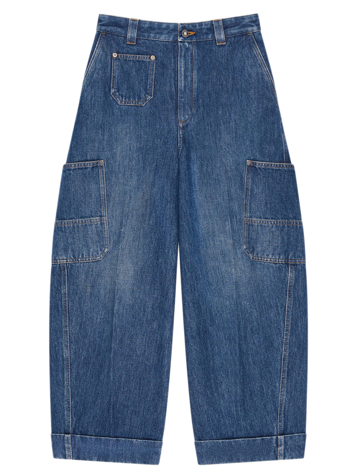 Medium blue cropped Cocoon cargo jeans