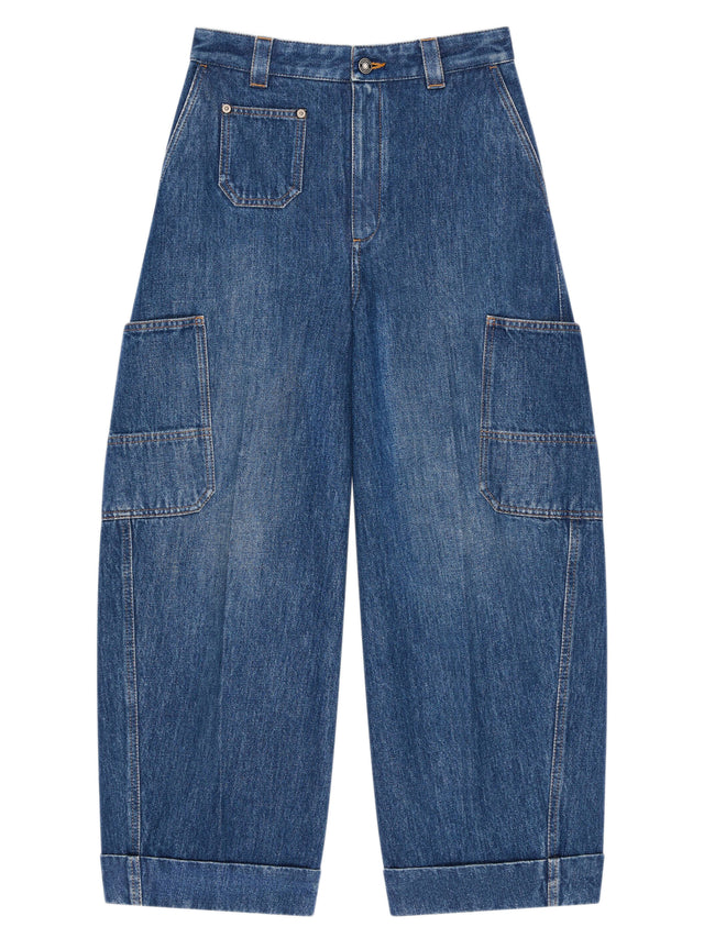 Medium blue cropped Cocoon cargo jeans