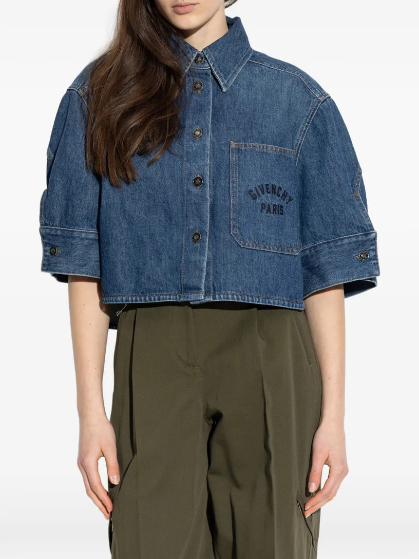 Cropped Cocoon shirt in medium blue denim