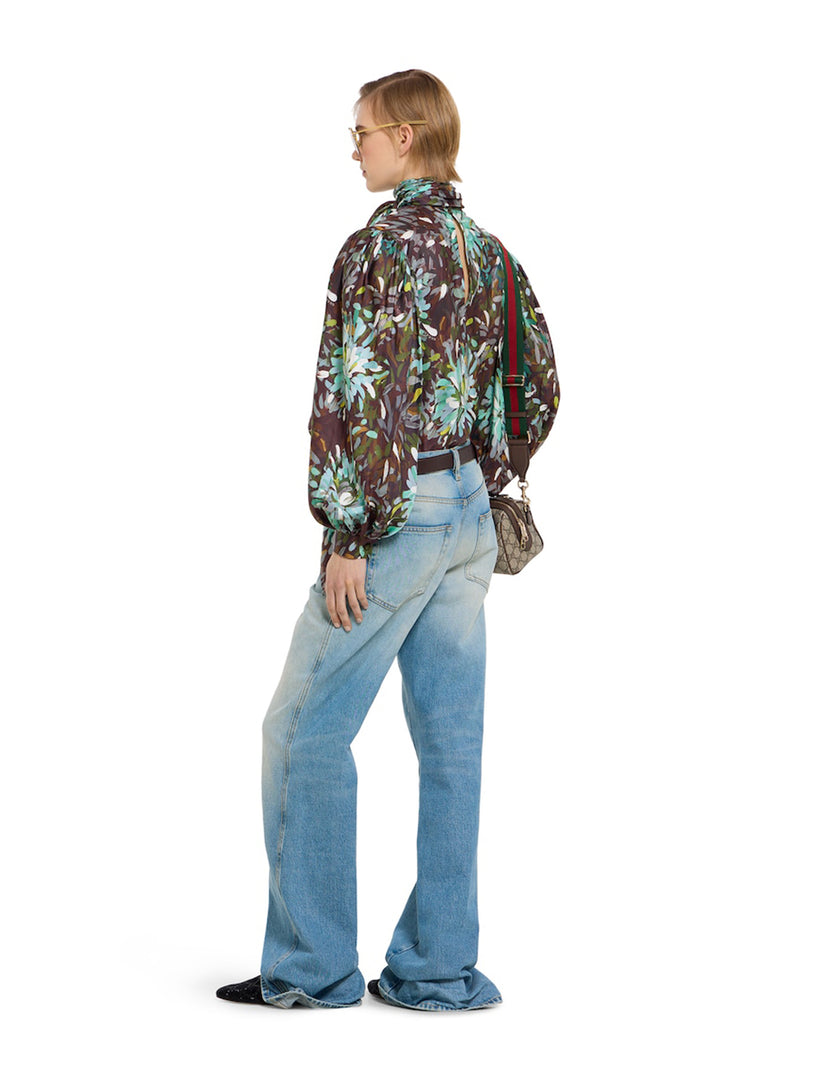 Flared trousers in faded cotton denim