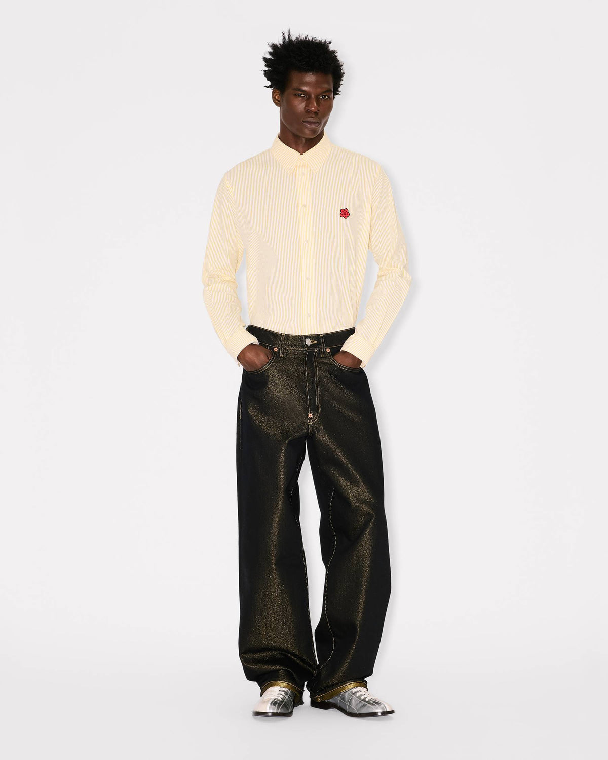 Casual seersucker cotton shirt with 'Boke Flower' embroidery