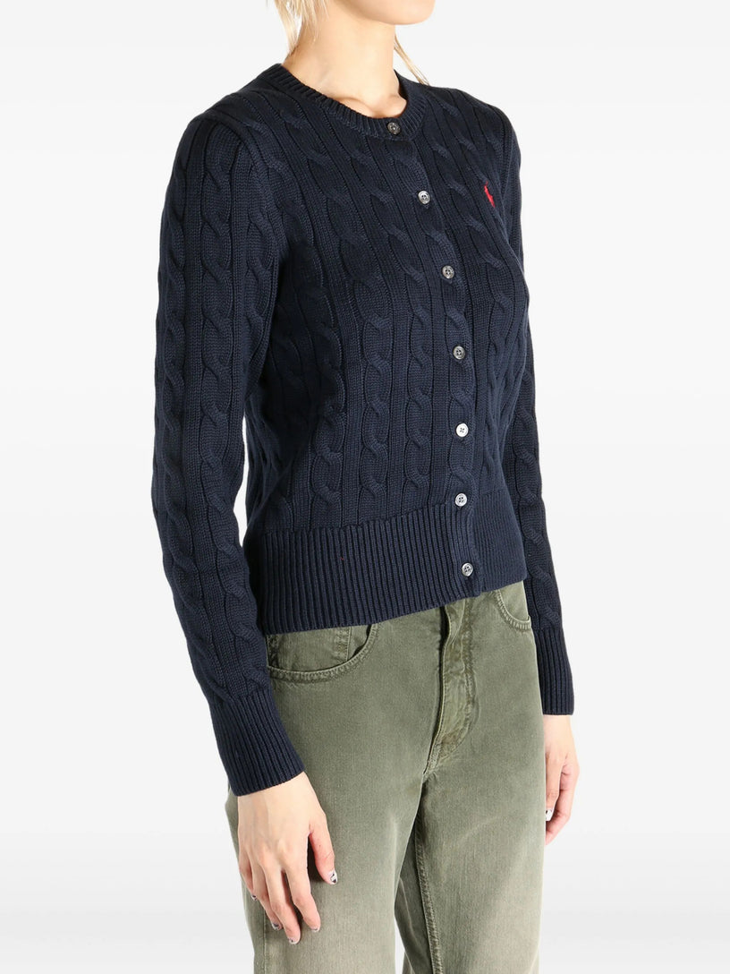 Crew neck cardigan in cable-knit cotton