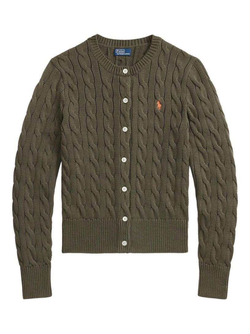 Crew neck cardigan in cable-knit cotton