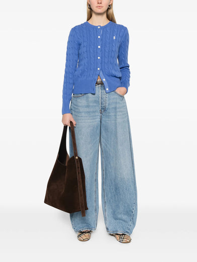 Crew neck cardigan in cable-knit cotton