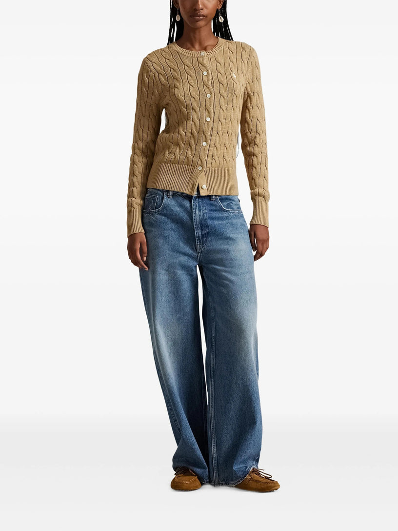 Crew neck cardigan in cable-knit cotton