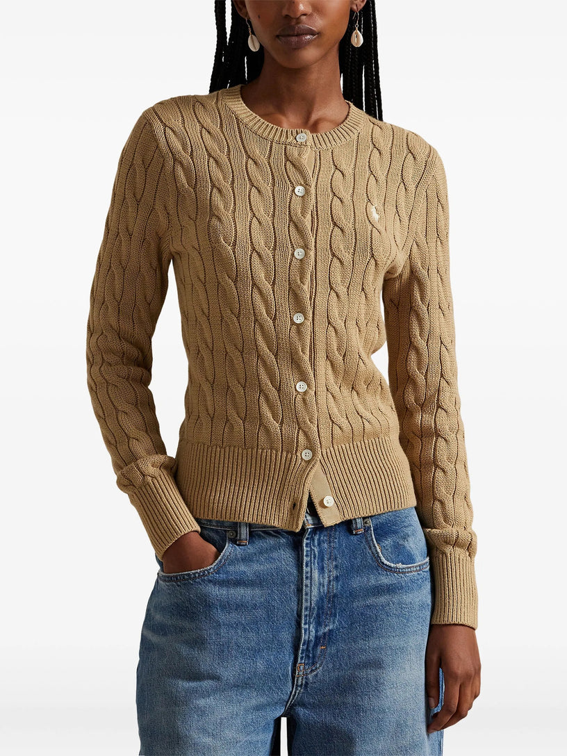 Crew neck cardigan in cable-knit cotton