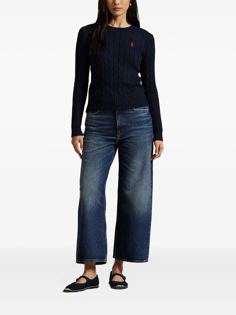 Crew neck sweater in cable knit cotton