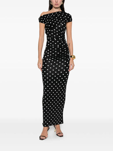 Polka dot draped knit midi dress