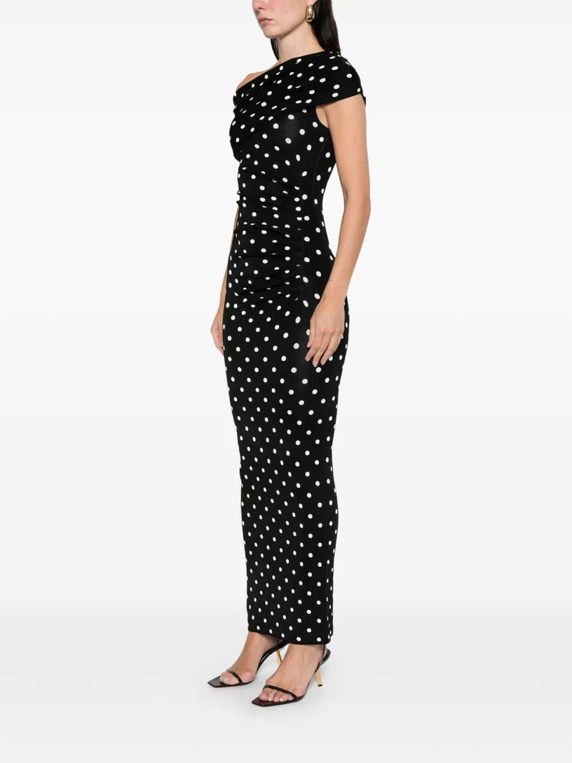 Polka dot draped knit midi dress