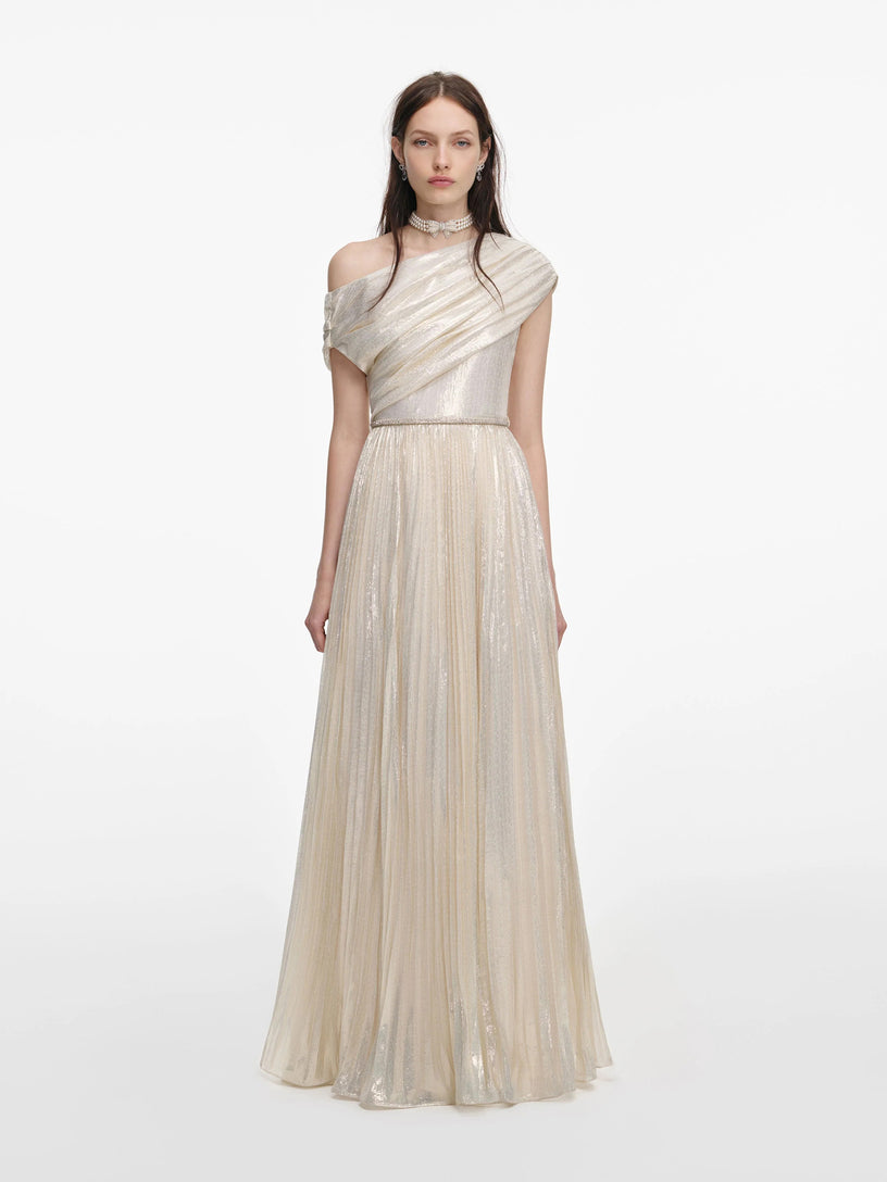 Long metallic chiffon dress SELF PORTRAIT Oro