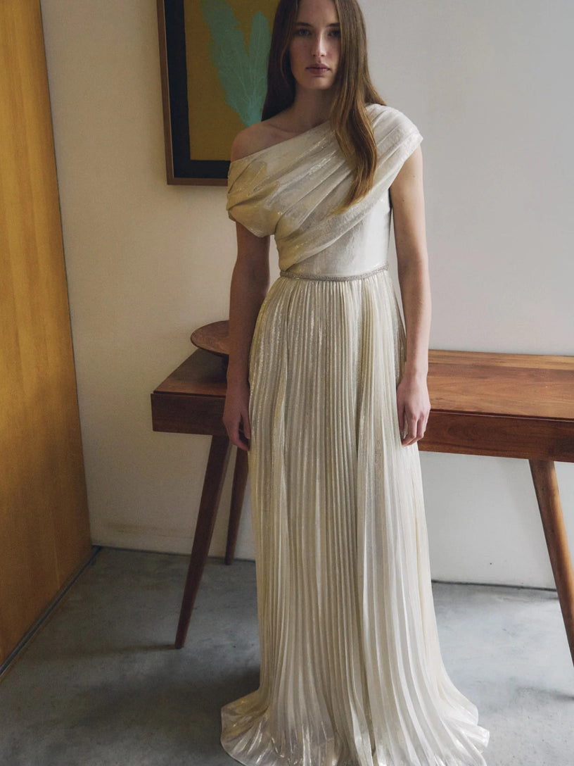 Long metallic chiffon dress