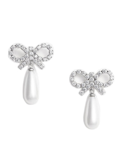 Crystal bow pearl earrings