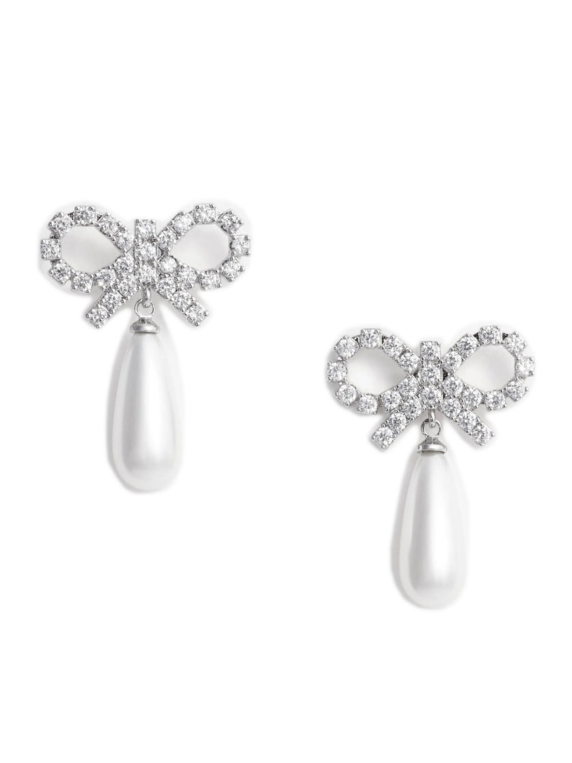Crystal bow pearl earrings