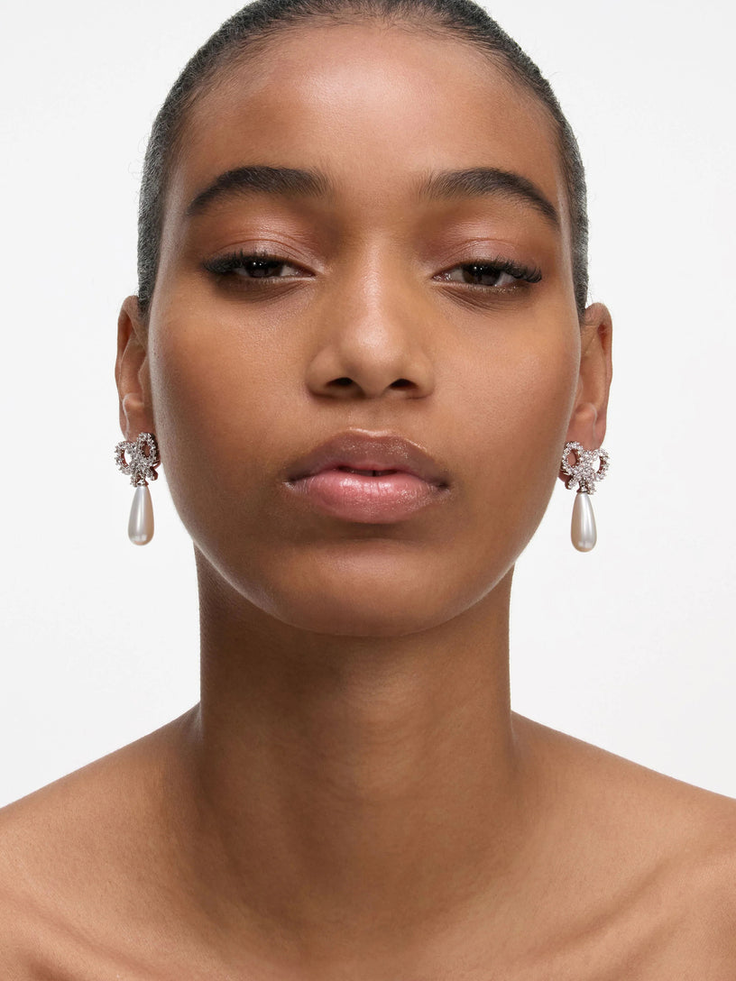 Crystal bow pearl earrings