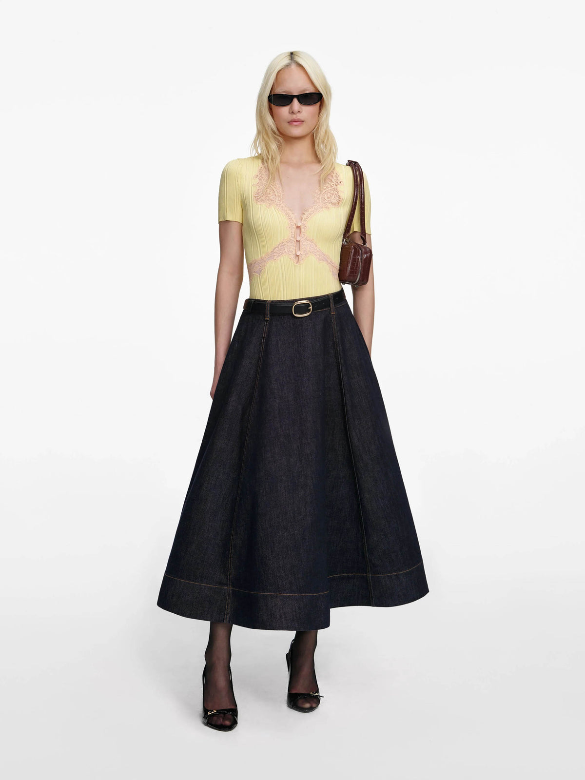 Denim flared midi skirt