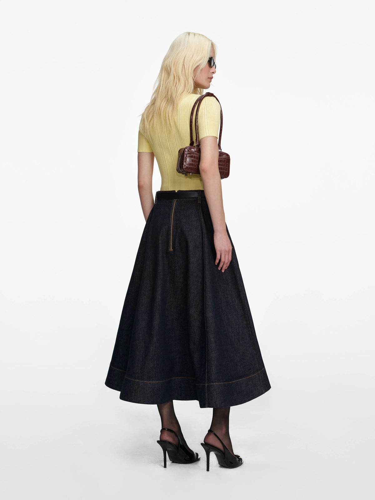 Denim flared midi skirt
