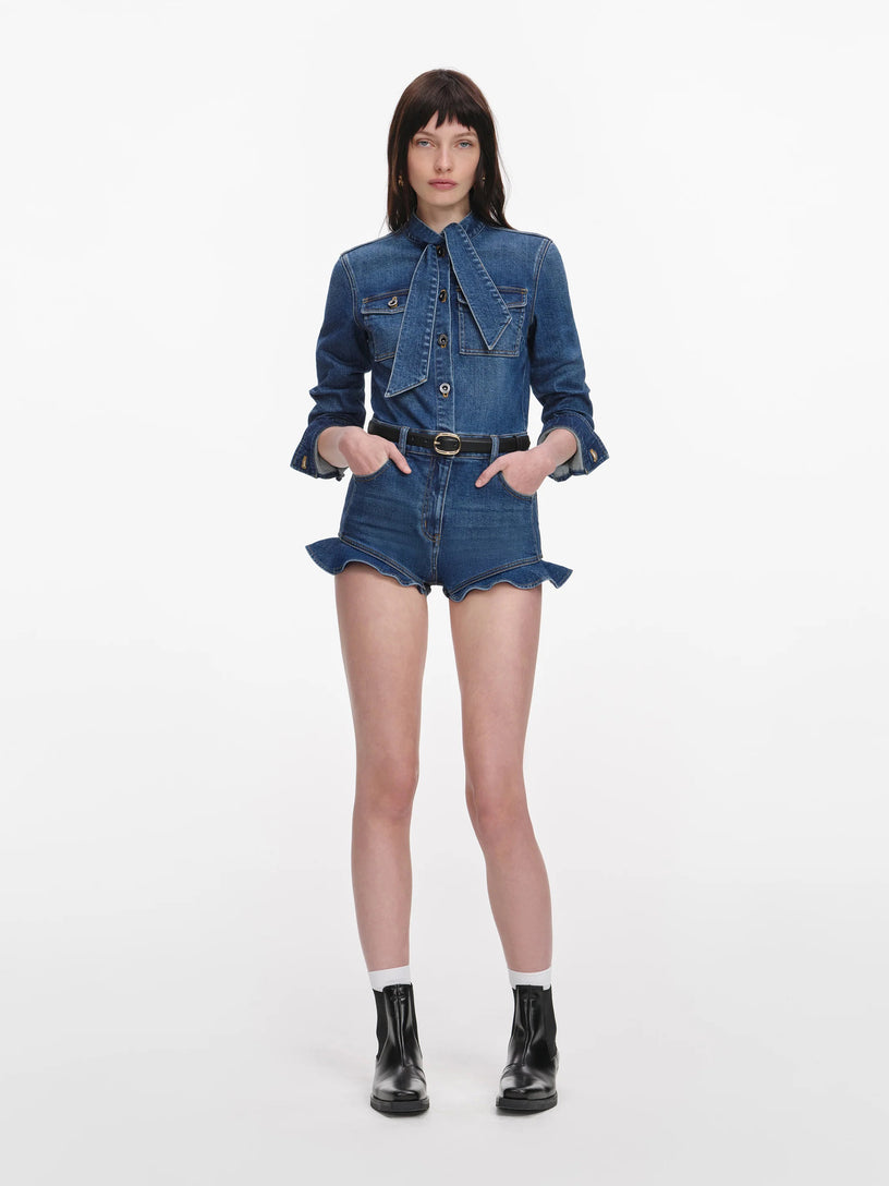 Tuta corta con volant in denim