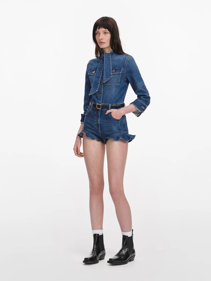 Tuta corta con volant in denim