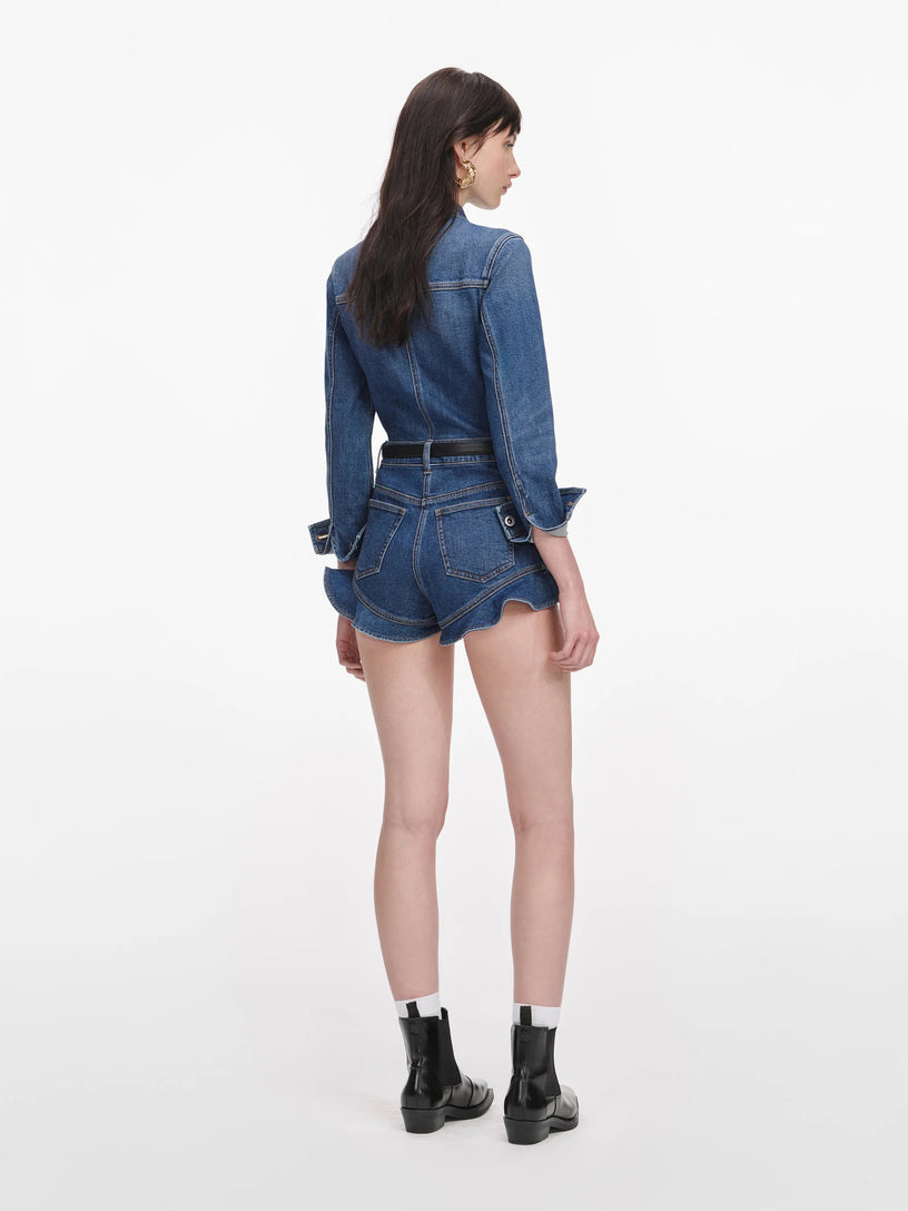 Tuta corta con volant in denim