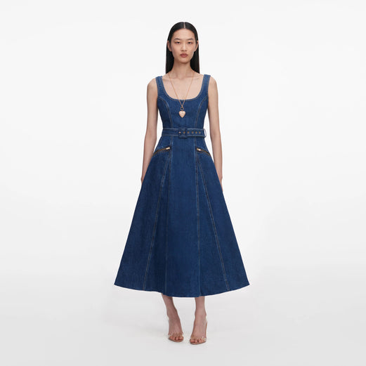 Denim Flared Belted Midi Dress