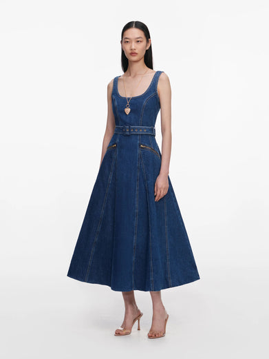 Denim Flared Belted Midi Dress