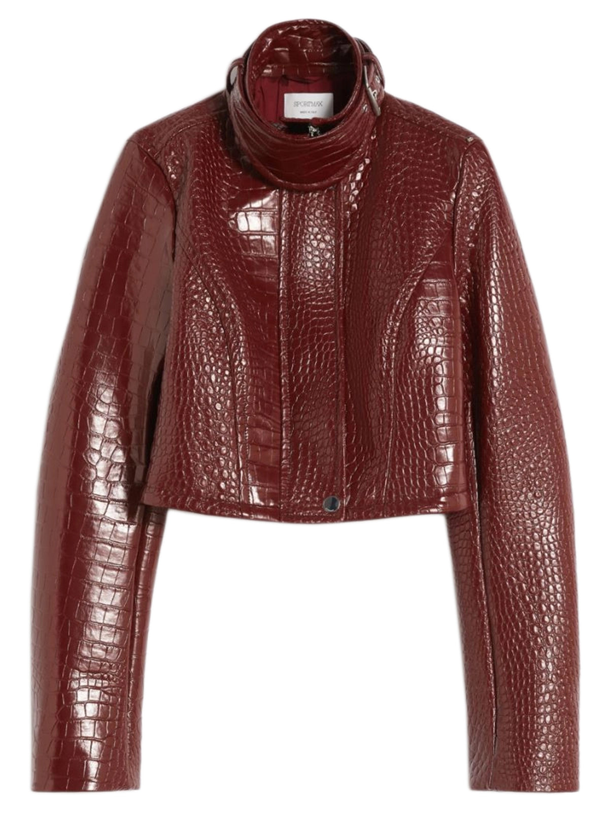 Patent leather cropped jacket with alligator print