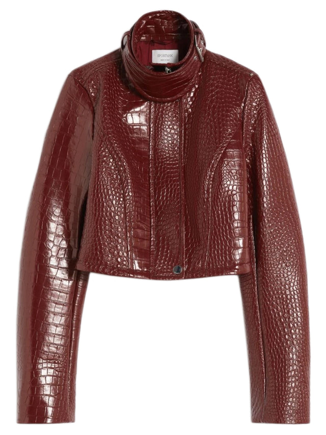 Patent leather cropped jacket with alligator print