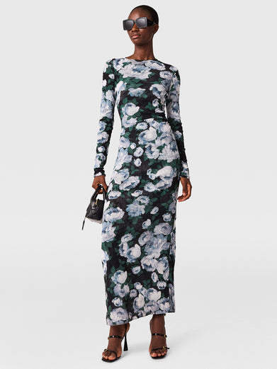 Floral Long-Sleeve Mesh Midi Dress