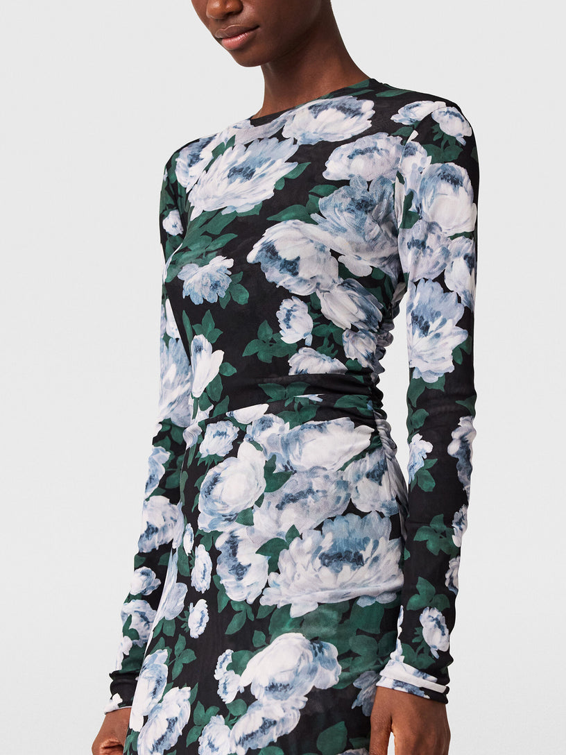 Floral Long-Sleeve Mesh Midi Dress