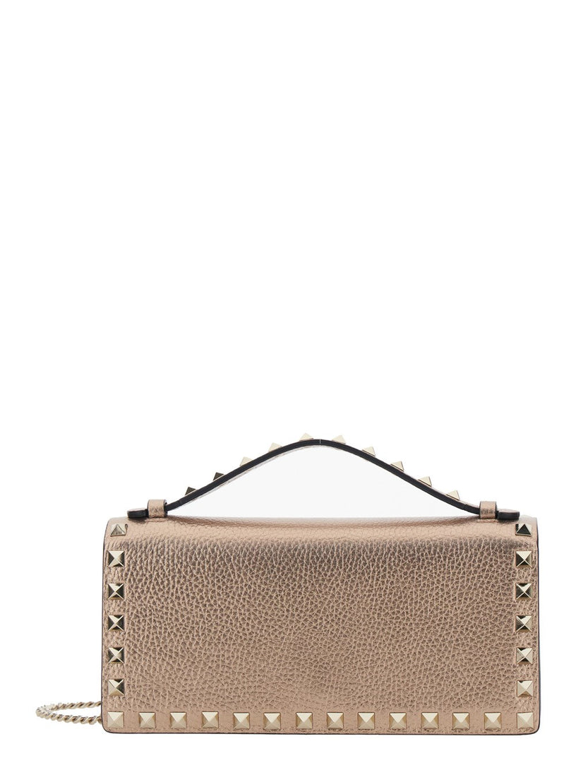 Rockstud Laminated Grainy Calfskin Wallet With Chain