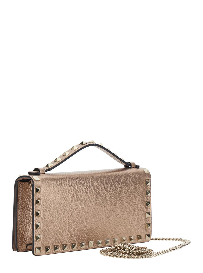 Rockstud Laminated Grainy Calfskin Wallet With Chain