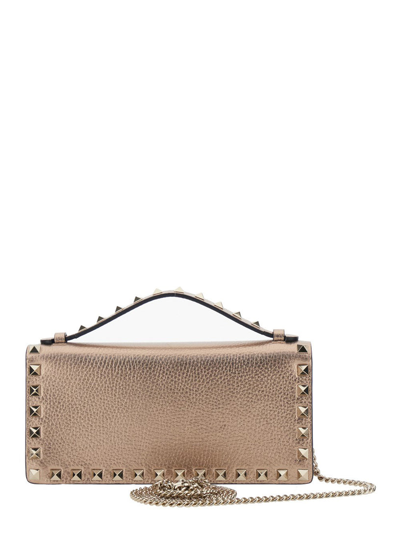 Rockstud Laminated Grainy Calfskin Wallet With Chain