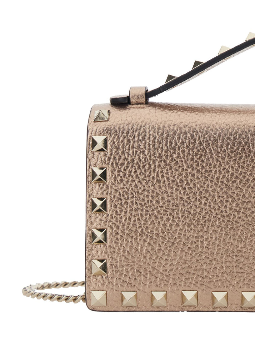 Rockstud Laminated Grainy Calfskin Wallet With Chain