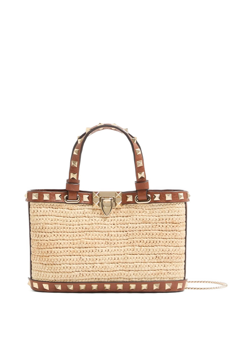Mini Rockstud Shopping Bag In Raffia