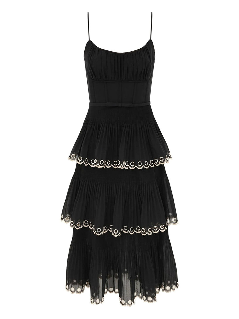 Embroidered Tiered Midi Dress